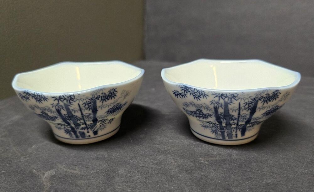 Vintage White Porcelain Rice Bowls Set Of 2 Blue Bamboo Tree Asian Decor